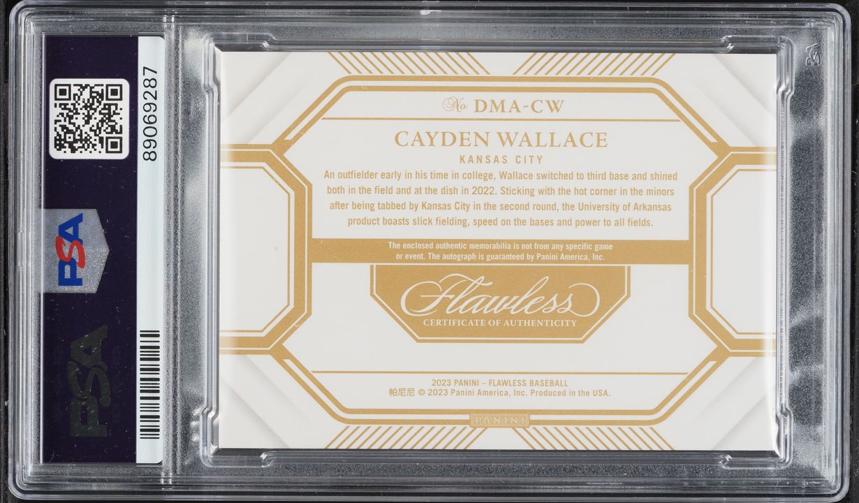 2023 Panini Flawless Dual Sapphire Cayden Wallace ROOKIE PATCH AUTO /15 #DMA-CW PSA 6 EXMT