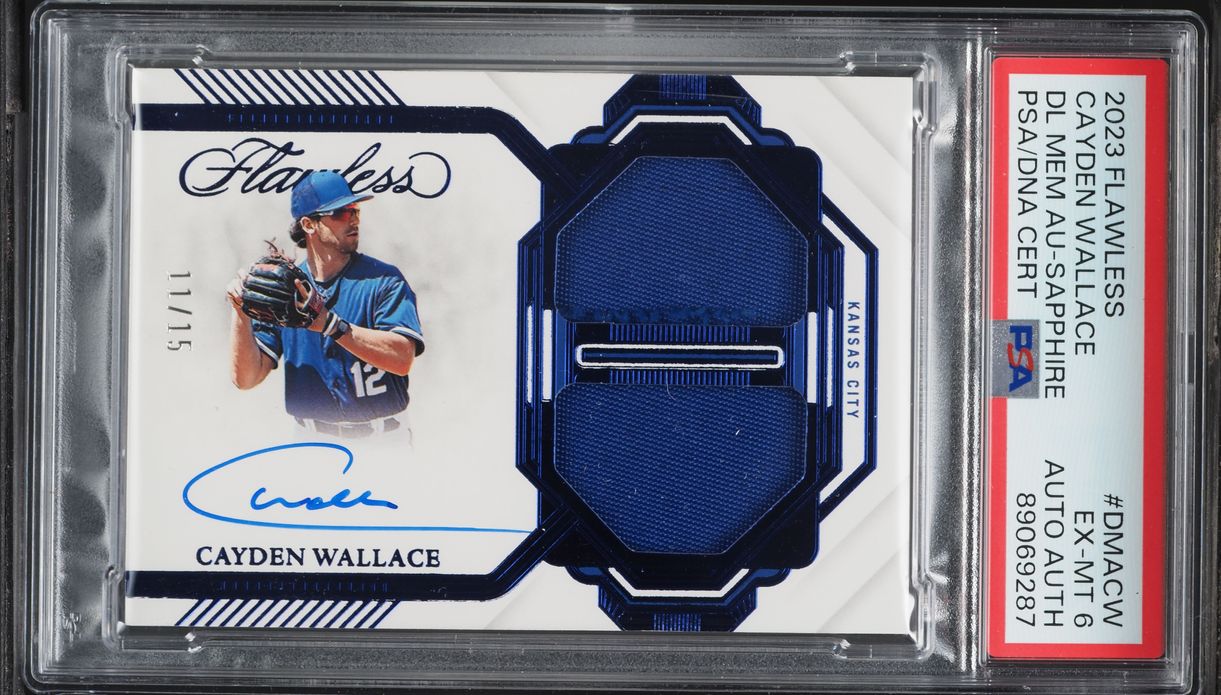 2023 Panini Flawless Dual Sapphire Cayden Wallace ROOKIE PATCH AUTO /15 #DMA-CW PSA 6 EXMT
