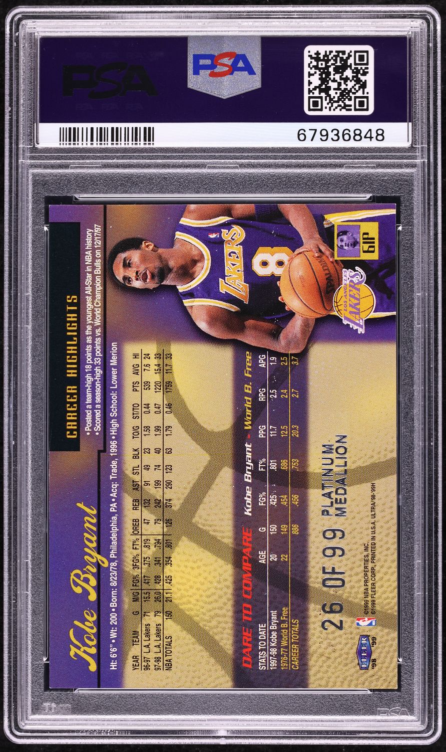 1998 Ultra Platinum Medallion Kobe Bryant /99 #61P PSA 8 NM-MT