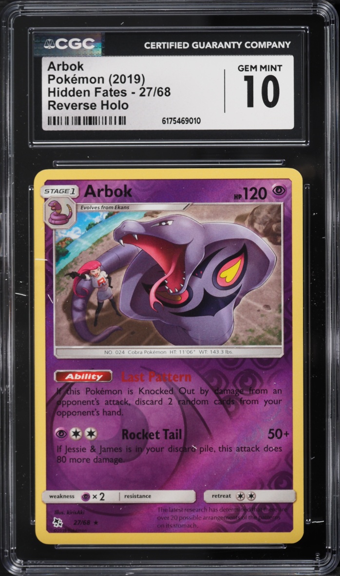 2019 Pokemon Sun & Moon Hidden Fates Reverse Holo Arbok #27 CGC 10 GEM MINT