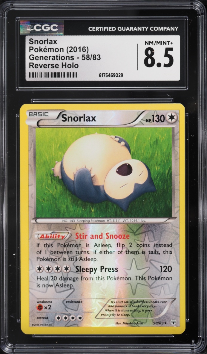 2016 Pokemon XY Generations Reverse Holo Snorlax #58 CGC 8.5 NM-MT+