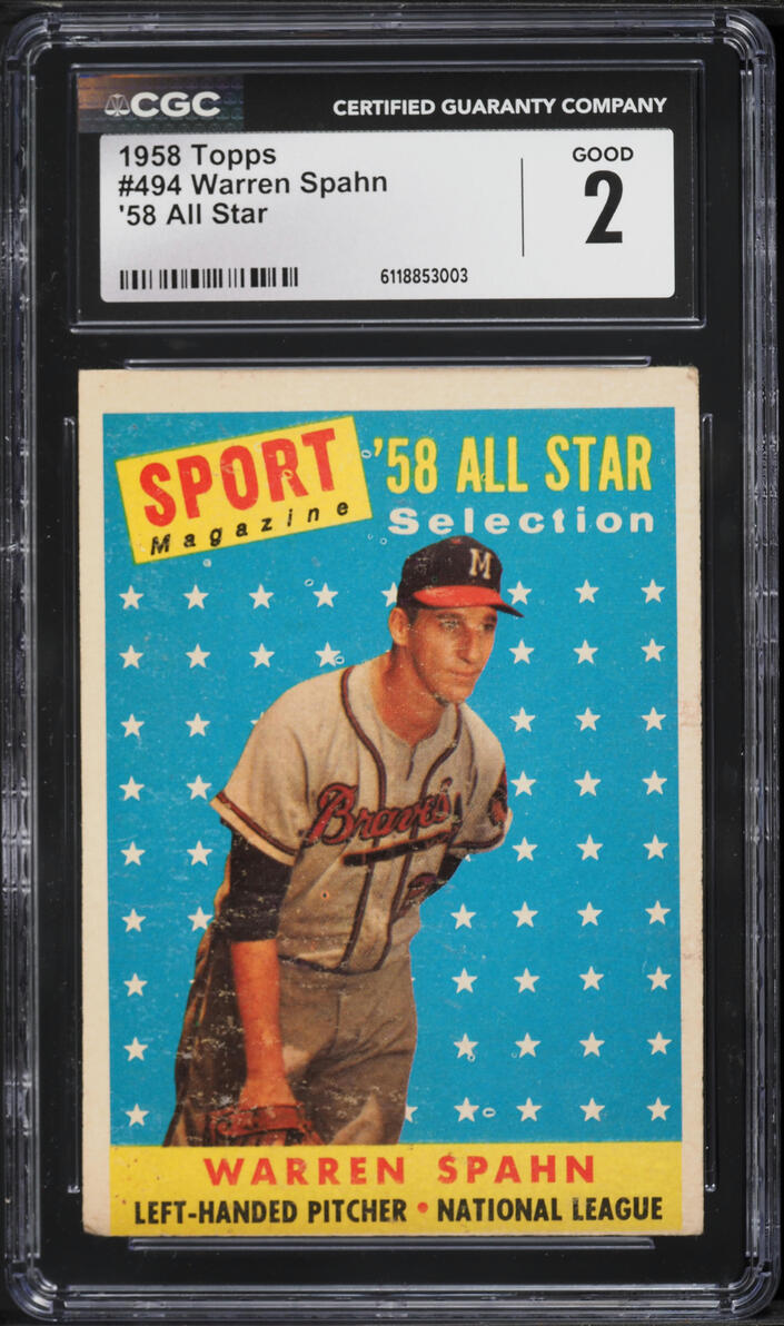 1958 Topps Warren Spahn ALL-STAR #494 CGC 2 GD