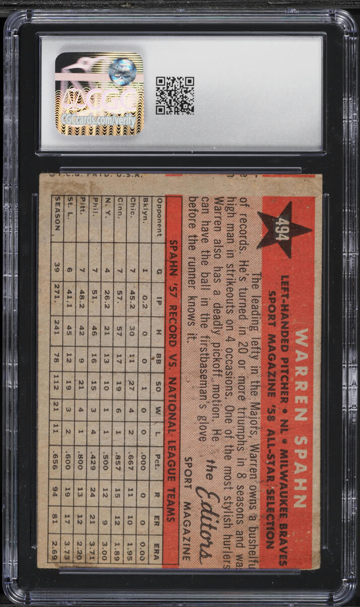 1958 Topps Warren Spahn ALL-STAR #494 CGC 2 GD
