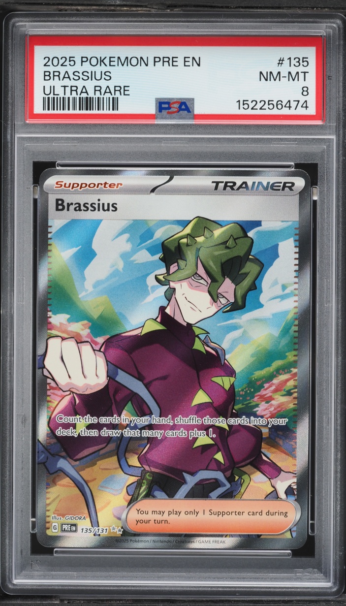 2025 Pokemon SV Prismatic Evolutions Full Art Brassius #135 PSA 8 NM-MT