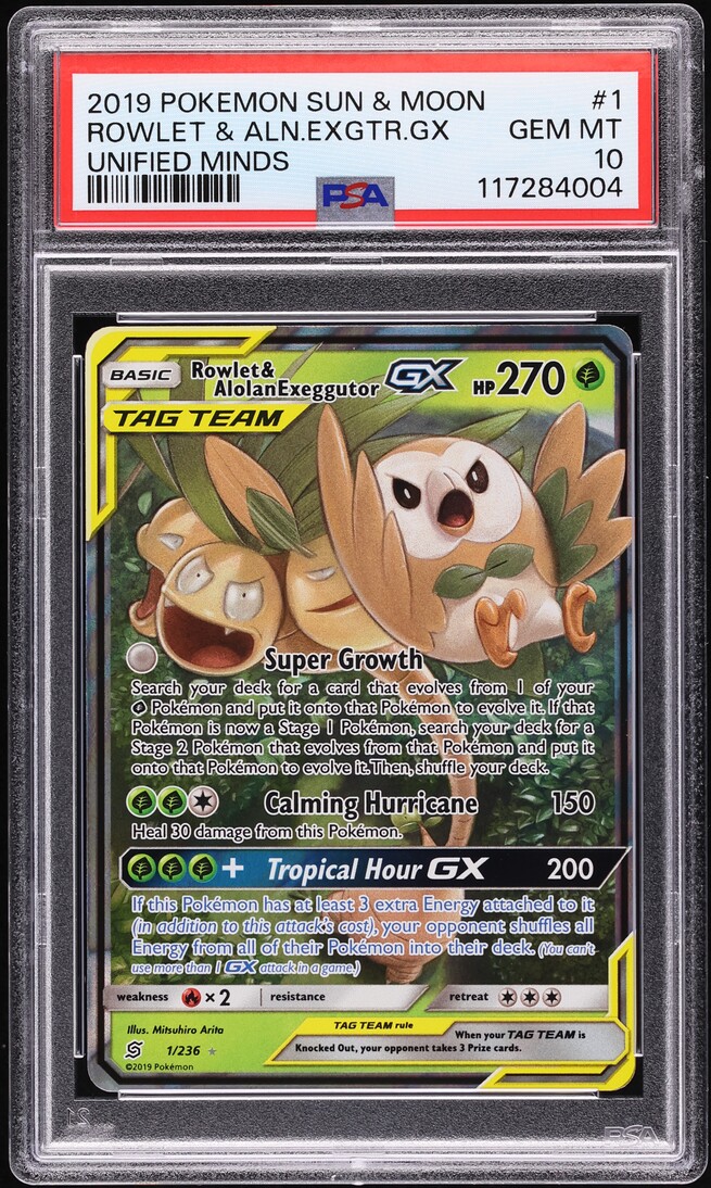 2019 Pokemon Sun & Moon Unified Minds Rowlet & Alolan Exeggutor GX #1 PSA 10 GEM MINT