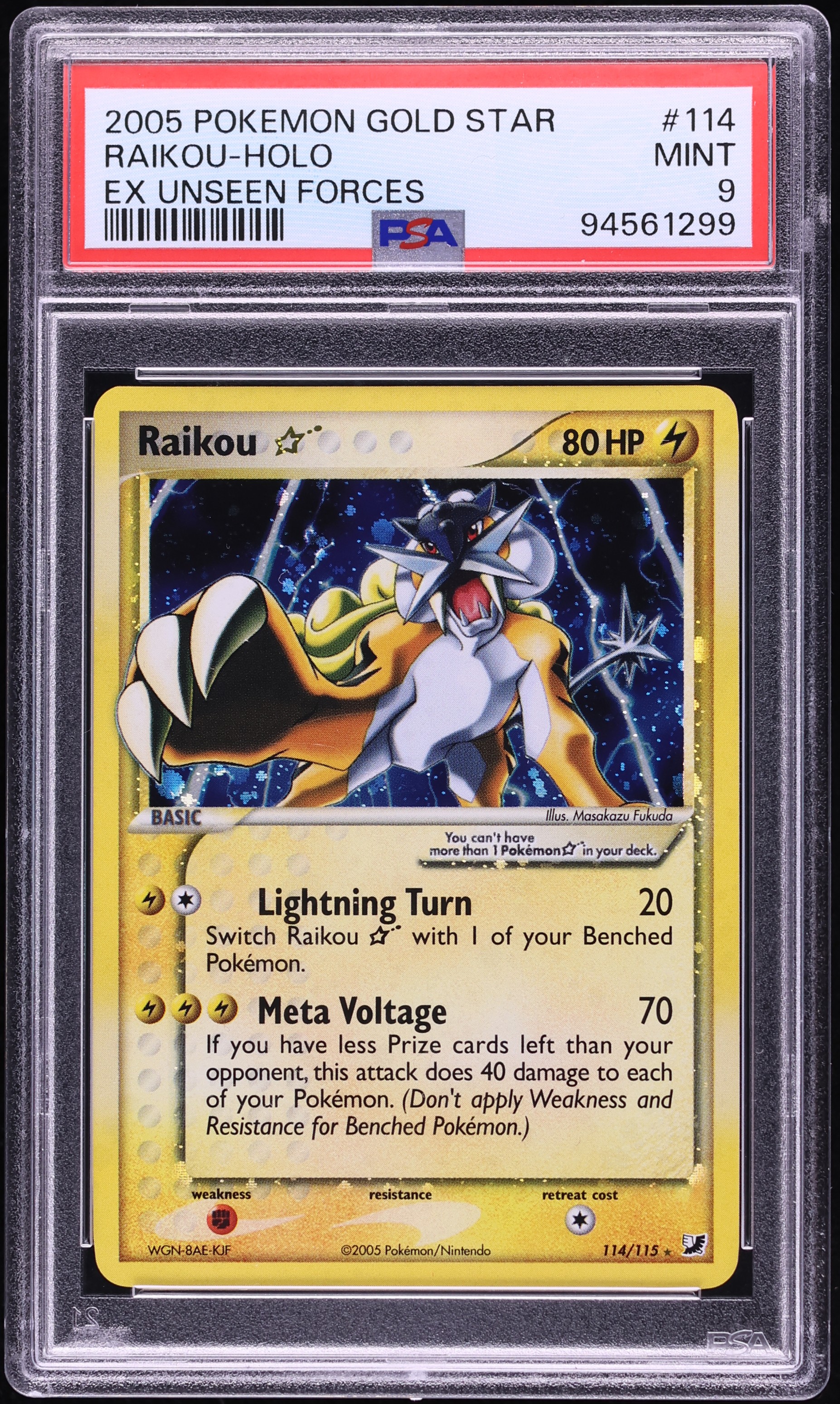 2005 Pokemon EX Unseen Forces Holo Raikou Gold Star #114 PSA 9 MINT