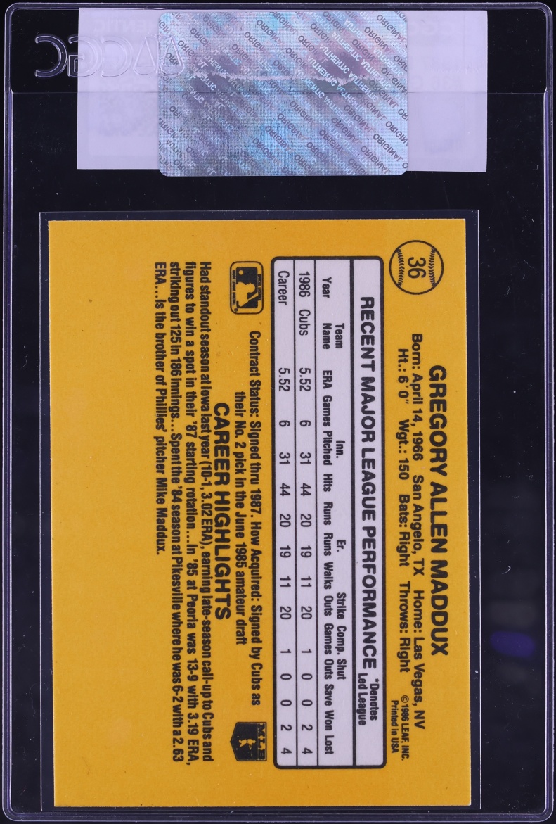 1987 Donruss Greg Maddux ROOKIE #36 CGC AUTH