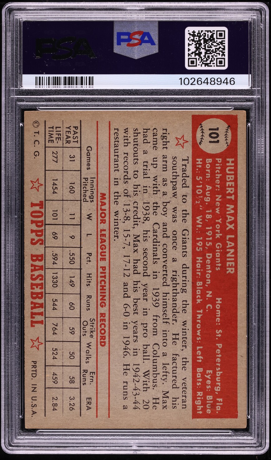 1952 Topps Max Lanier #101 PSA 6 EXMT