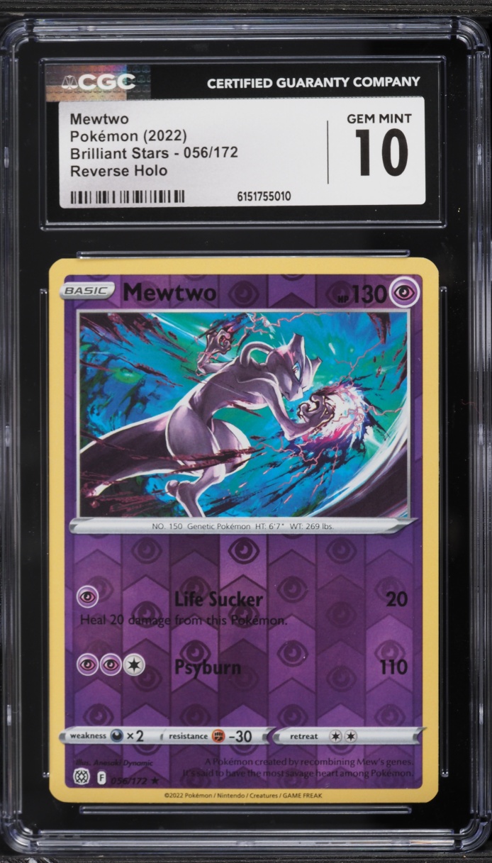2022 Pokemon Sword & Shield Brilliant Stars Reverse Holo Mewtwo #56 CGC 10 GEM MINT