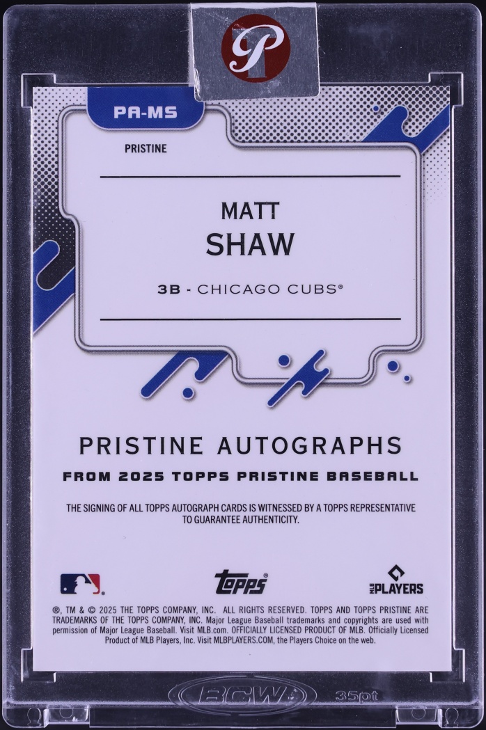 2025 Topps Pristine Blue Refractor Matt Shaw ROOKIE AUTO /75 #PA-MS
