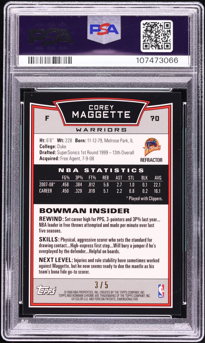 2008 Bowman Chrome Red Refractor Corey Maggette /5 #70 PSA 10 GEM MINT - Photo 2
