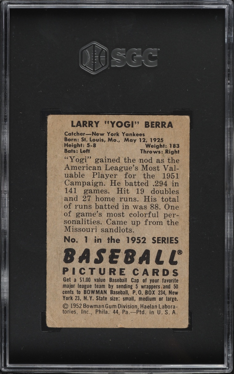 1952 Bowman Yogi Berra #1 SGC 3 VG