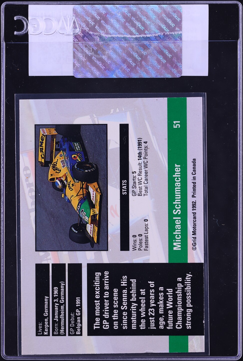 1992 Grid Formula 1 F1 Michael Schumacher ROOKIE #51 CGC AUTH