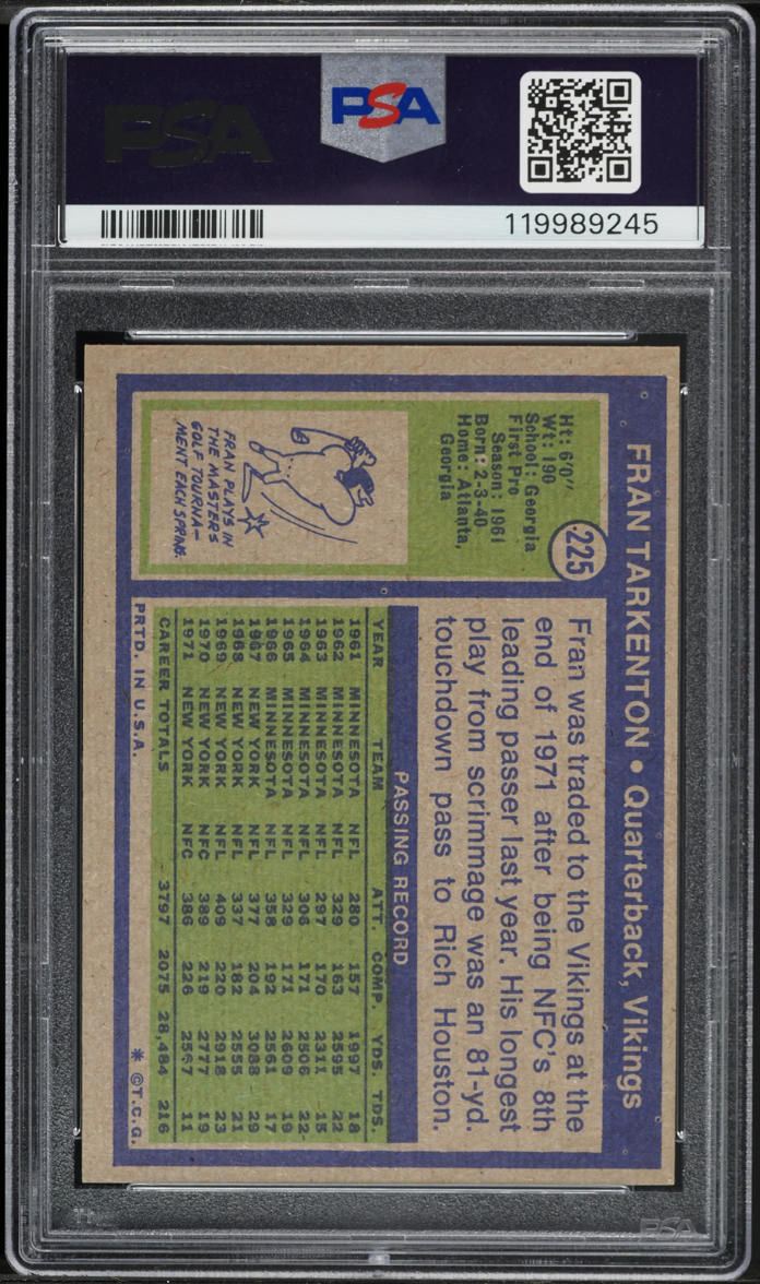 1972 Topps Football Fran Tarkenton #225 PSA 5 EX