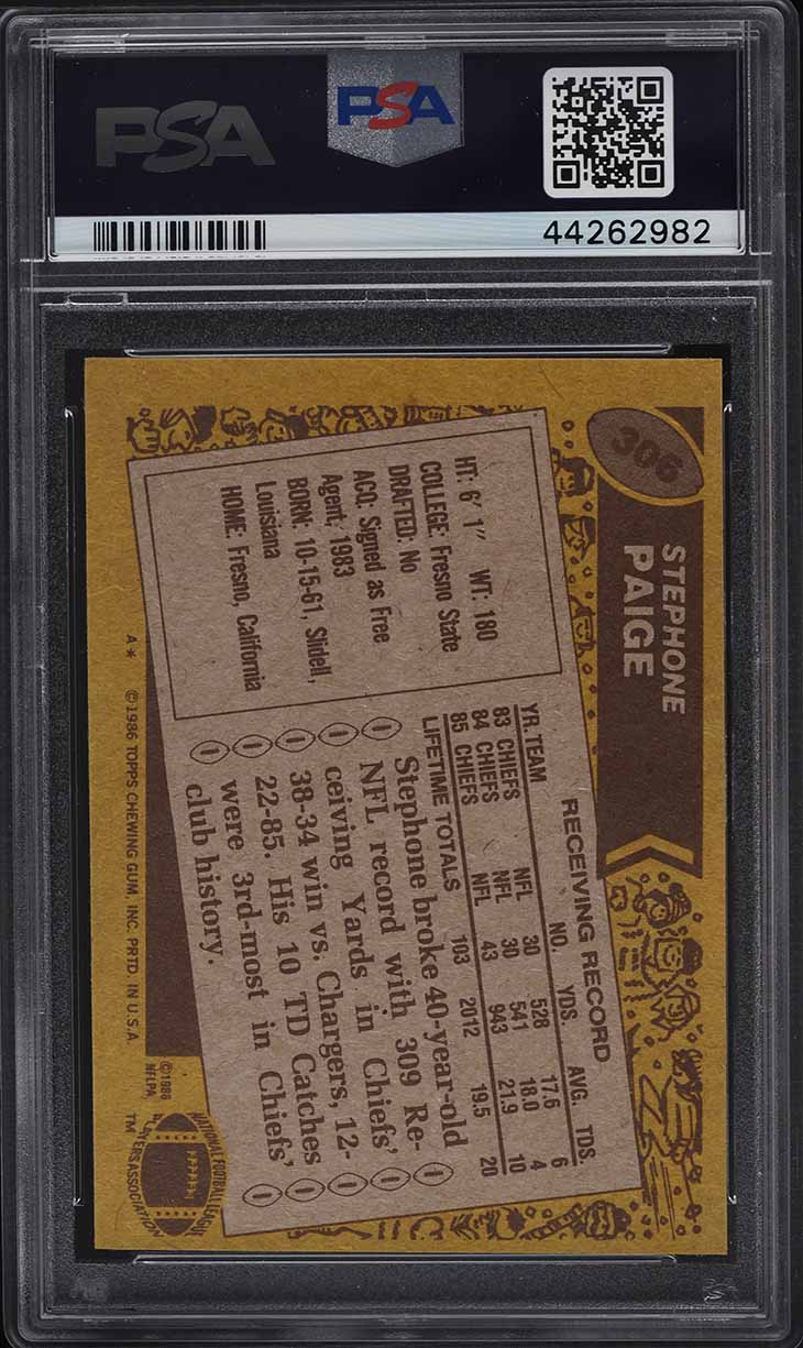 1986 Topps Football Stephone Paige #306 PSA 8 NM-MT