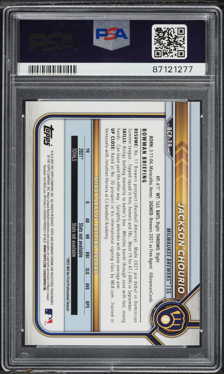 2022 Bowman Chrome Speckle Refractor Jackson Chourio /299 #BCP79 PSA 10 GEM MINT