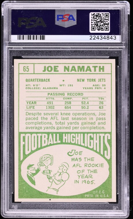 1968 Topps Football Joe Namath #65 PSA 9 MINT
