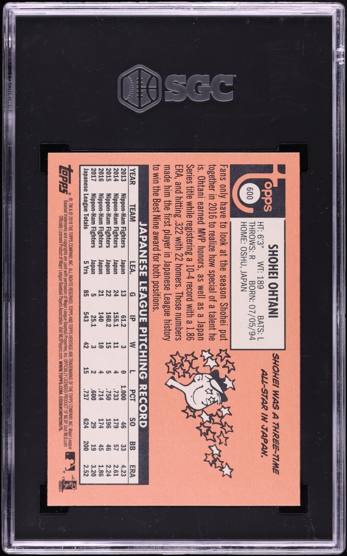 2018 Topps Heritage Shohei Ohtani ROOKIE #600 SGC 10 GEM MINT