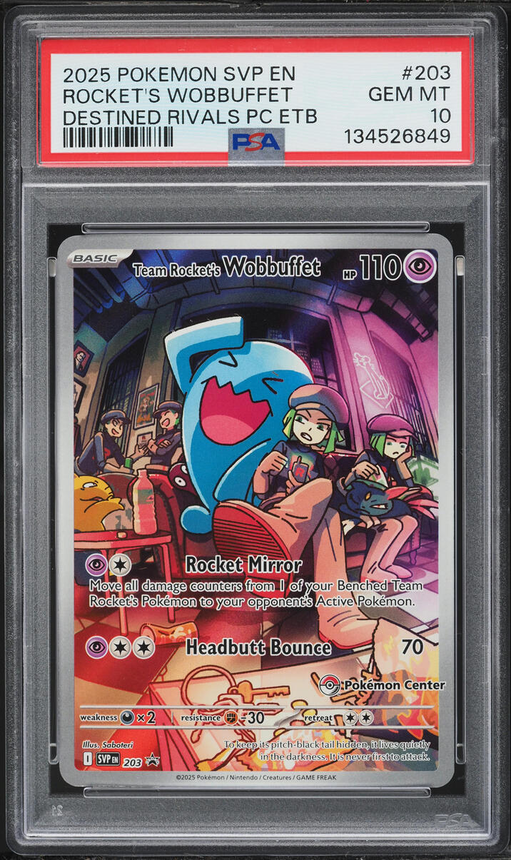 2025 Pokemon SV Promo Destined Rivals Center ETB Full Art Team Rocket's Wobbuffet #203 PSA 10