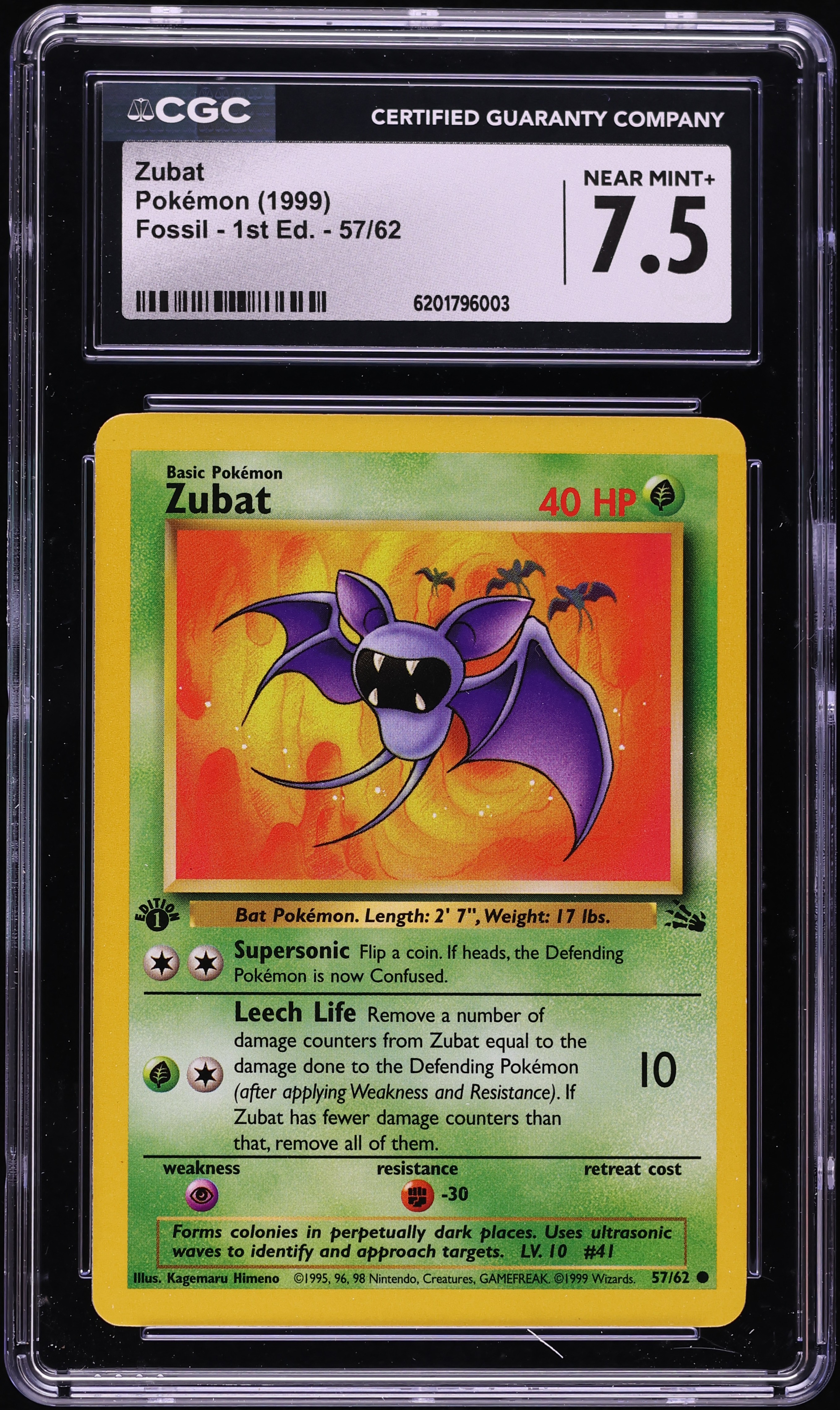 1999 Pokemon Fossil 1st Edition Zubat #57 CGC 7.5 NRMT+