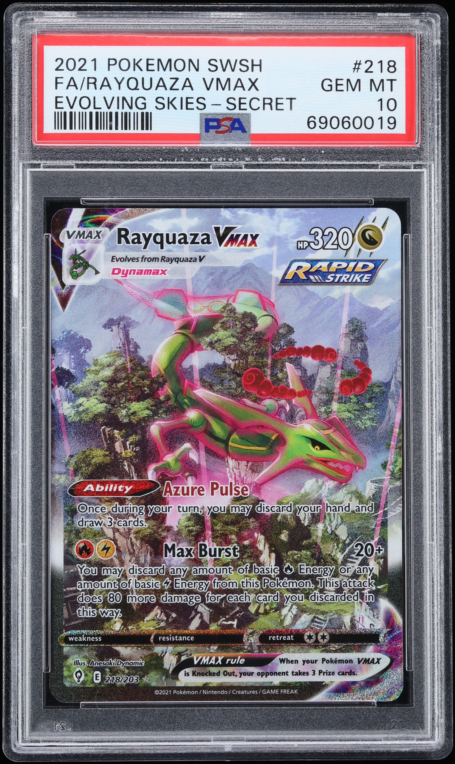2021 Pokemon Sword & Shield Evolving Skies Alt Art Rayquaza VMAX #218 PSA 10 GEM MINT