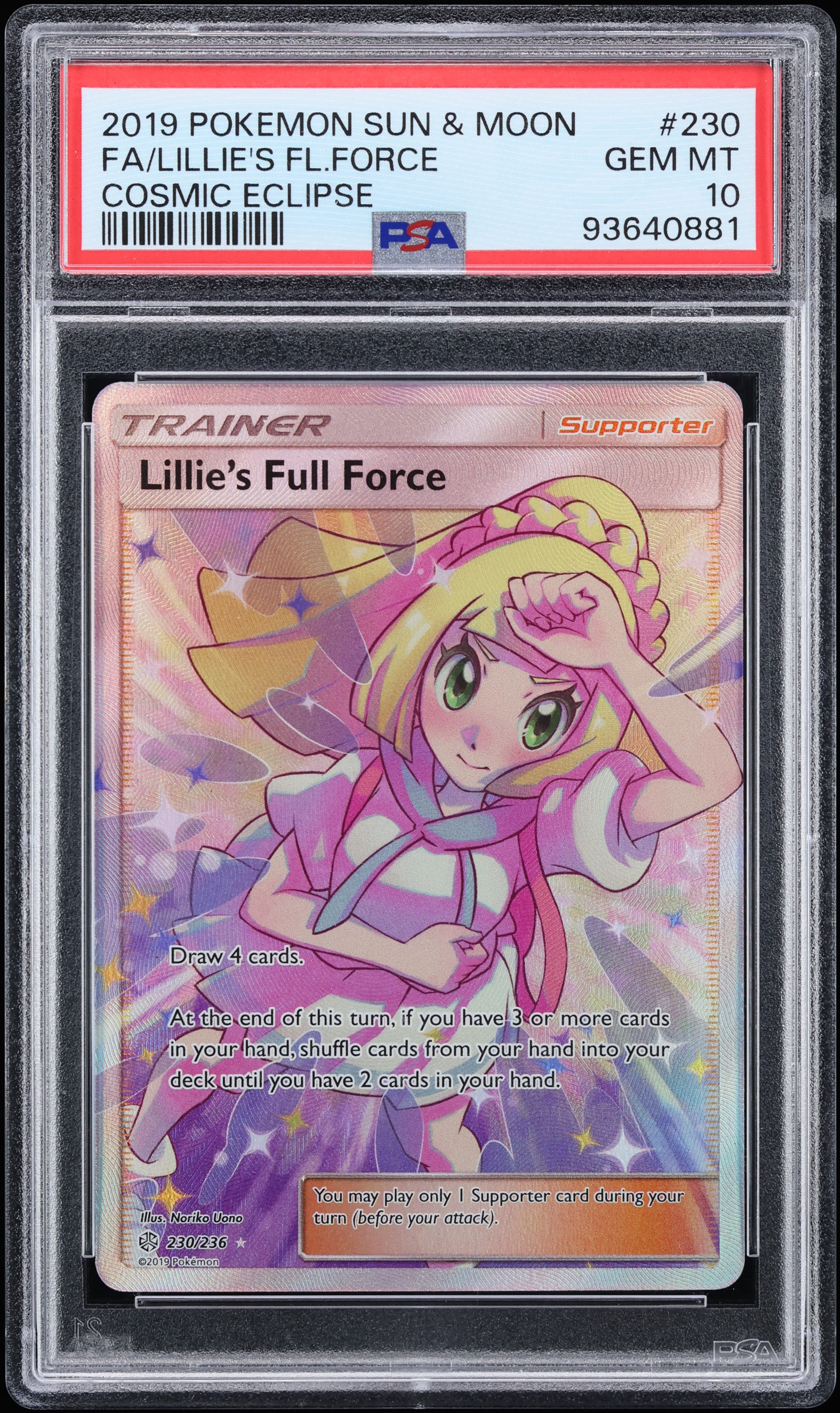 2019 Pokemon Sun & Moon Cosmic Eclipse Full Art Lillie's Full Force #230 PSA 10 GEM MINT