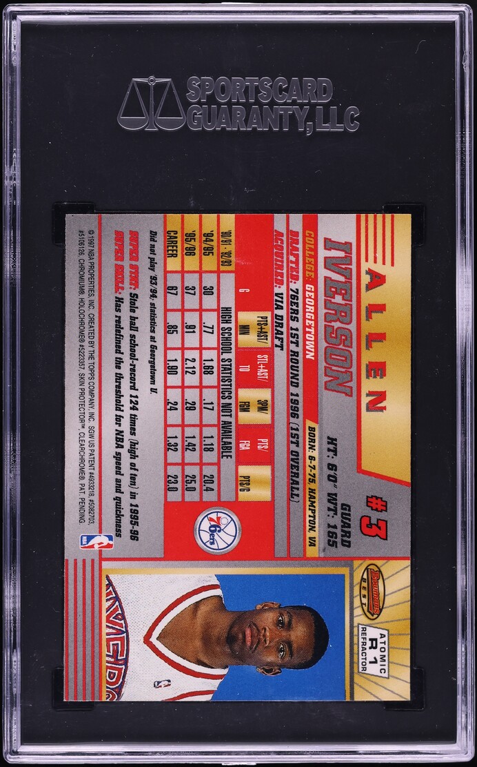 1996 Bowman's Best Atomic Refractor Allen Iverson ROOKIE #R1 SGC 7 NRMT