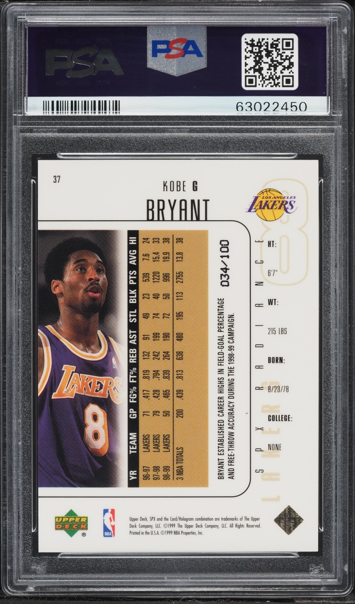 1999 SPx Radiance Kobe Bryant /100 #37 PSA 8.5 NM-MT+