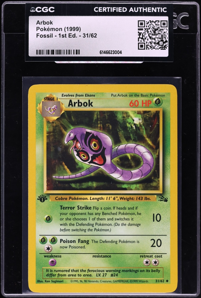 1999 Pokemon Fossil 1st Edition Arbok #31 CGC AUTH