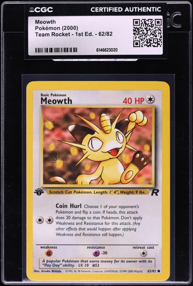 2000 Pokemon Team Rocket 1st Edition Meowth #62 CGC AUTH
