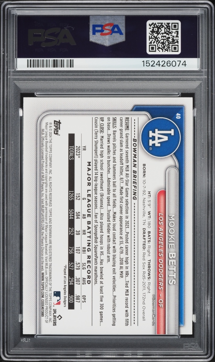 2024 Bowman Sky Blue Mookie Betts /499 #40 PSA 9 MINT