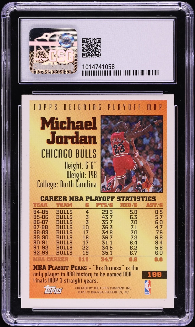 1993 Topps Reigning Playoff MVP Michael Jordan #199 CSG 7 NRMT