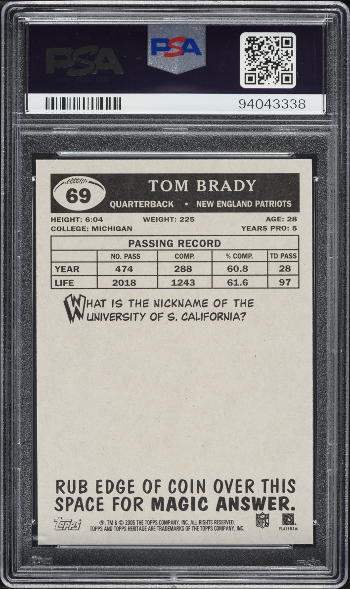 2005 Topps Heritage TB12 Collection Tom Brady AUTO DNA 10 #69 PSA 9 MINT