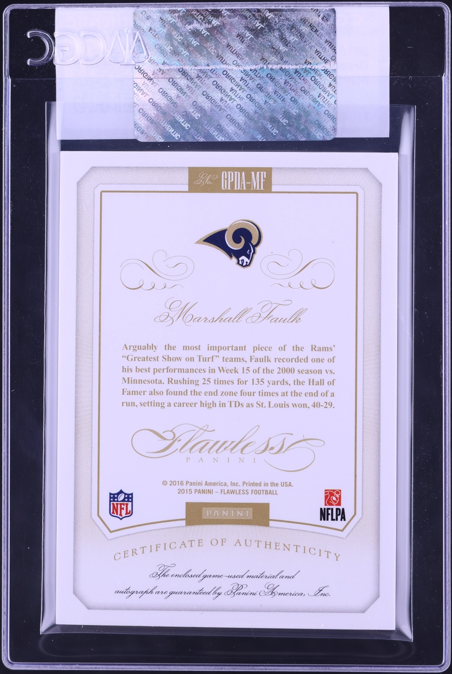 2015 Panini Flawless Greats Dual Marshall Faulk GAME WORN PATCH AUTO /25 #GPDA-MF CGC AUTH - Photo 2
