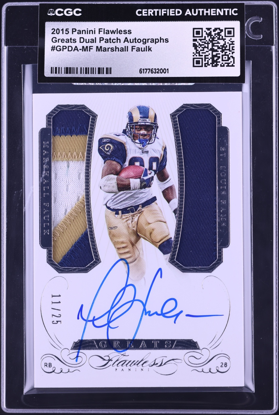 2015 Panini Flawless Greats Dual Marshall Faulk GAME WORN PATCH AUTO /25 #GPDA-MF CGC AUTH - Photo 1