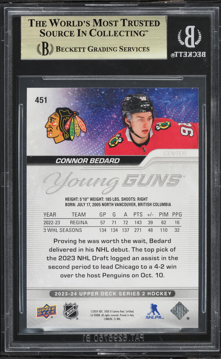 2023 Upper Deck Young Guns Connor Bedard ROOKIE #451 BGS 10 PRISTINE