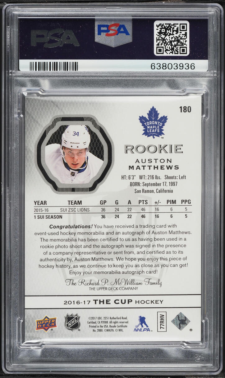 2016 Upper Deck The Cup Auston Matthews ROOKIE PATCH AUTO /99 #180 PSA 8 NM-MT