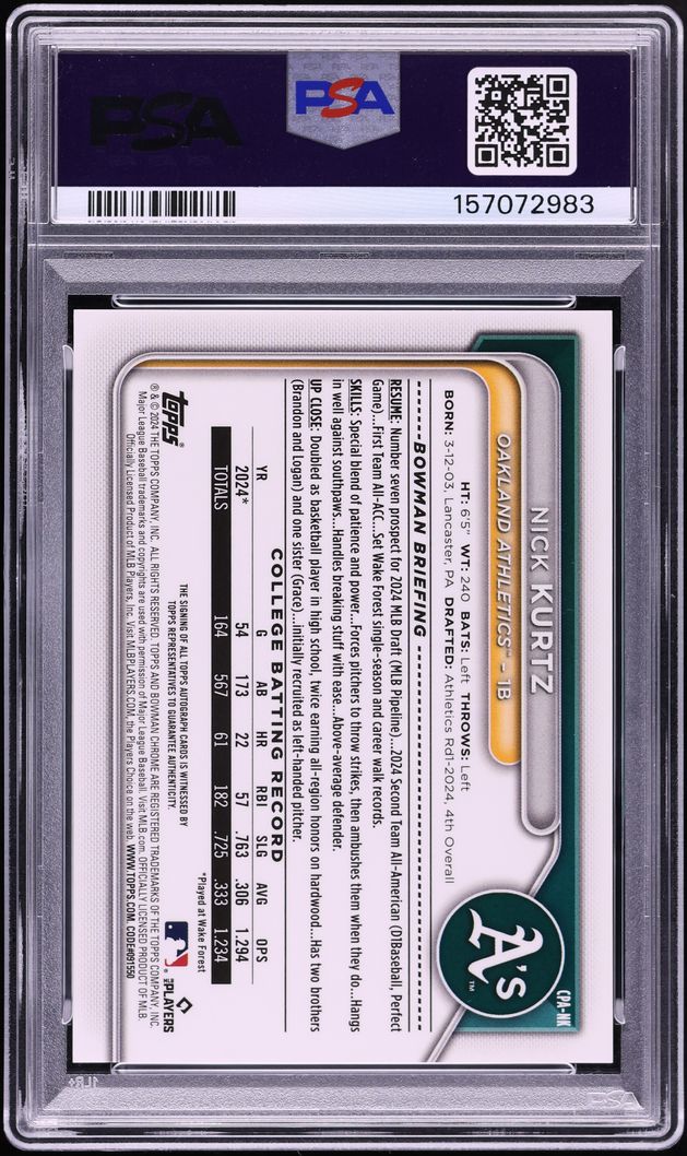 2024 Bowman Chrome Draft Black Refractor Nick Kurtz PROSPECT AUTO /10 #CPANK PSA 9 MINT