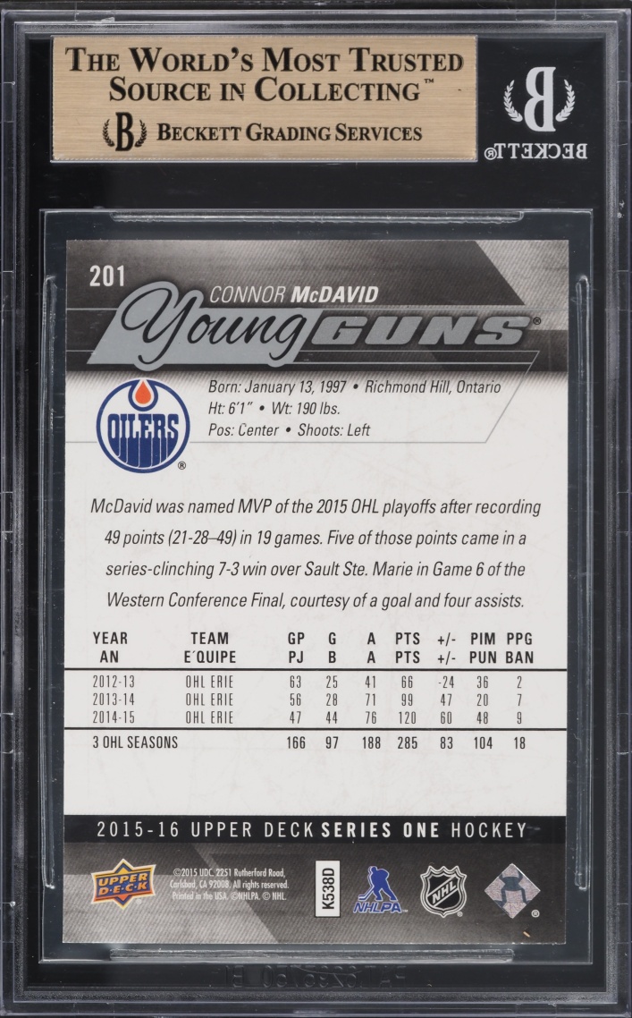 2015 Upper Deck Young Guns Connor McDavid ROOKIE #201 BGS 9.5 GEM MINT