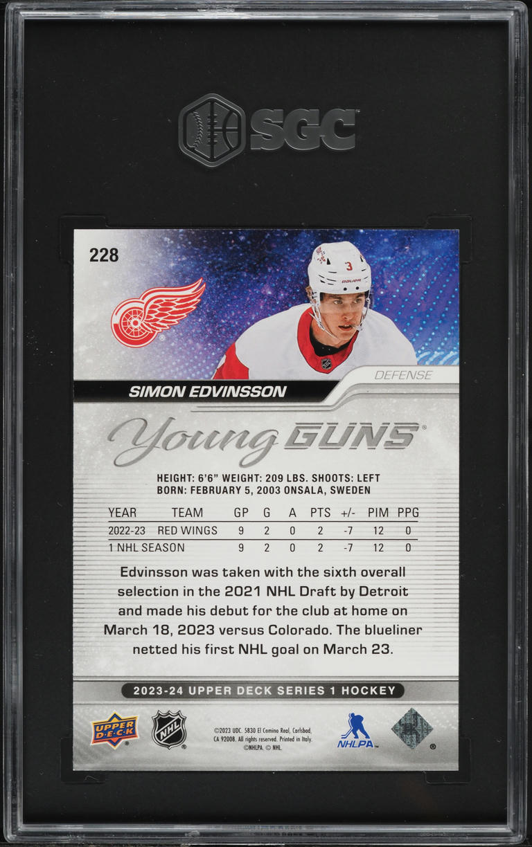 2023 Upper Deck Young Guns Silver Outburst Simon Edvinsson ROOKIE #228 SGC 9