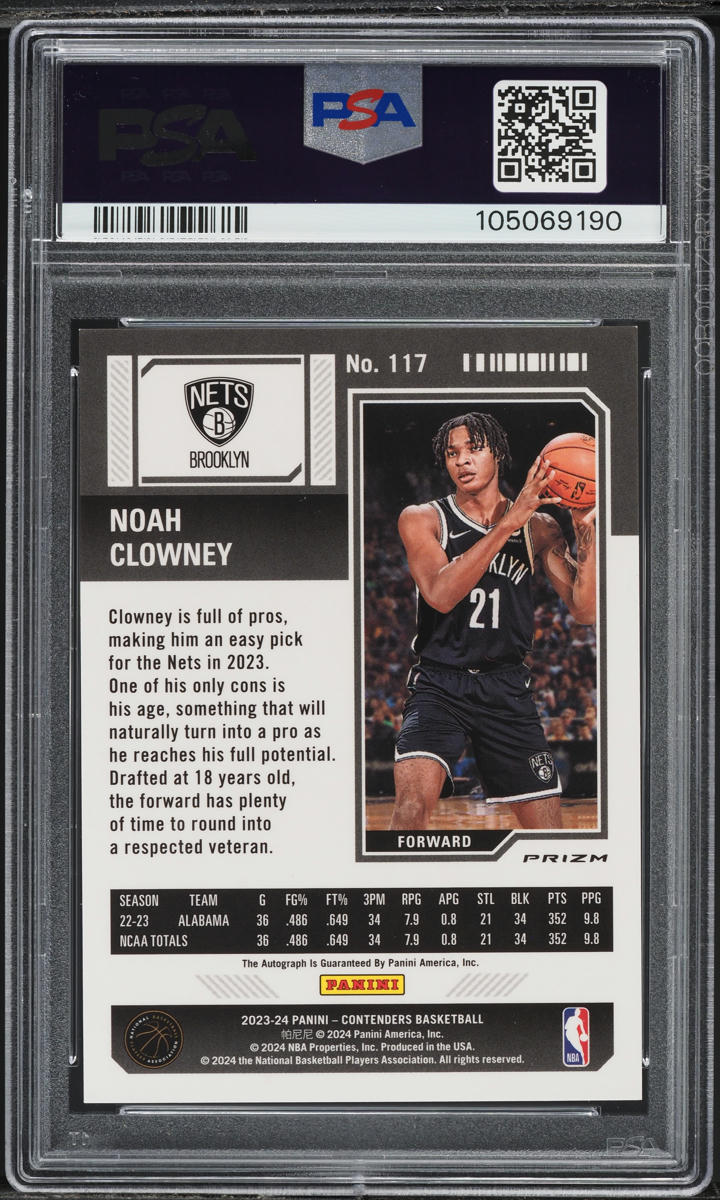 2023 Panini Contenders Premium Edition Noah Clowney ROOKIE AUTO #117 PSA 10 GEM