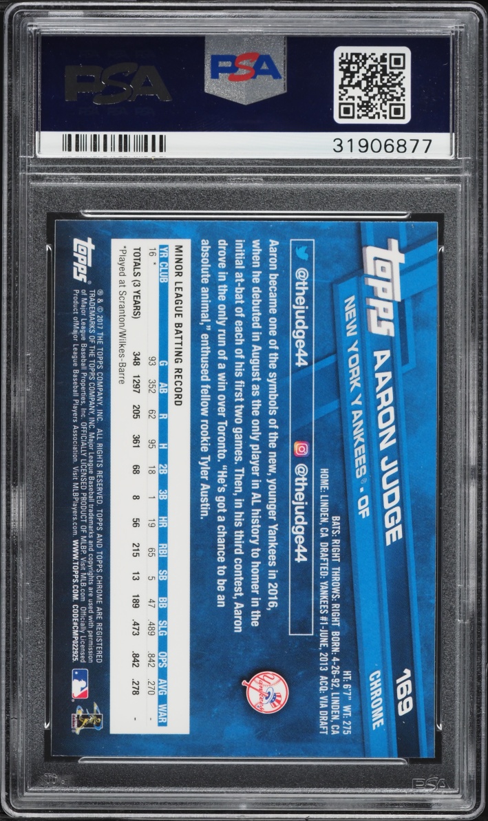 2017 Topps Chrome Aaron Judge ROOKIE #169 PSA 10 GEM MINT