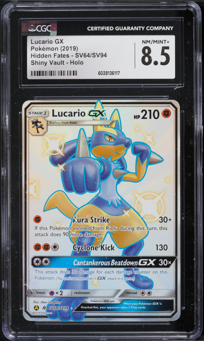 2019 Pokemon Sun & Moon Hidden Fates Full Art Shiny Lucario GX #SV64 CGC 8.5 NM-MT+