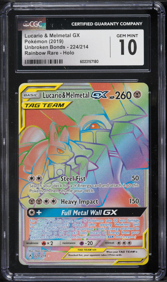 2019 Pokemon Sun & Moon Unbroken Bonds Rainbow Rare Lucario & Melmetal GX #224 CGC 10 GEM MINT