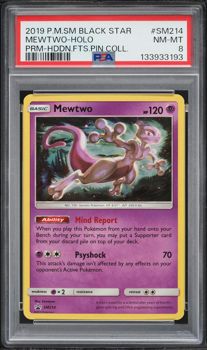 2019 Pokemon Sun & Moon Promo Hidden Fates Pin Collection Holo Mewtwo #SM214 PSA 8 NM-MT