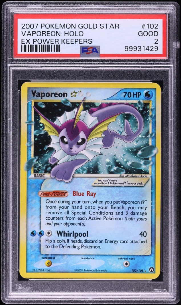 2007 Pokemon EX Power Keepers Holo Vaporeon Gold Star #102 PSA 2 GD