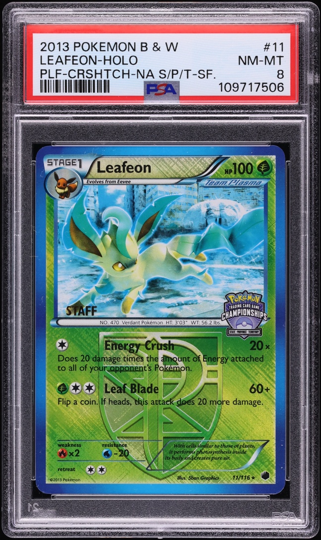 2013 Pokemon Black & White Plasma Freeze Championships Crosshatch Holo Leafeon #11 PSA 8 NM-MT