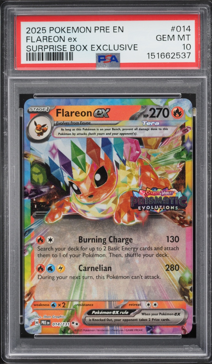 2025 Pokemon Scarlet & Violet Prismatic Evolutions Surprise Box Flareon ex #14 PSA 10 GEM MINT
