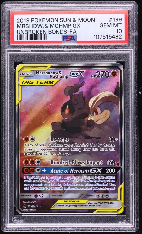 2019 Pokemon Sun & Moon Unbroken Bonds Full Art Marshadow & Machamp GX #199 PSA 10 GEM MINT