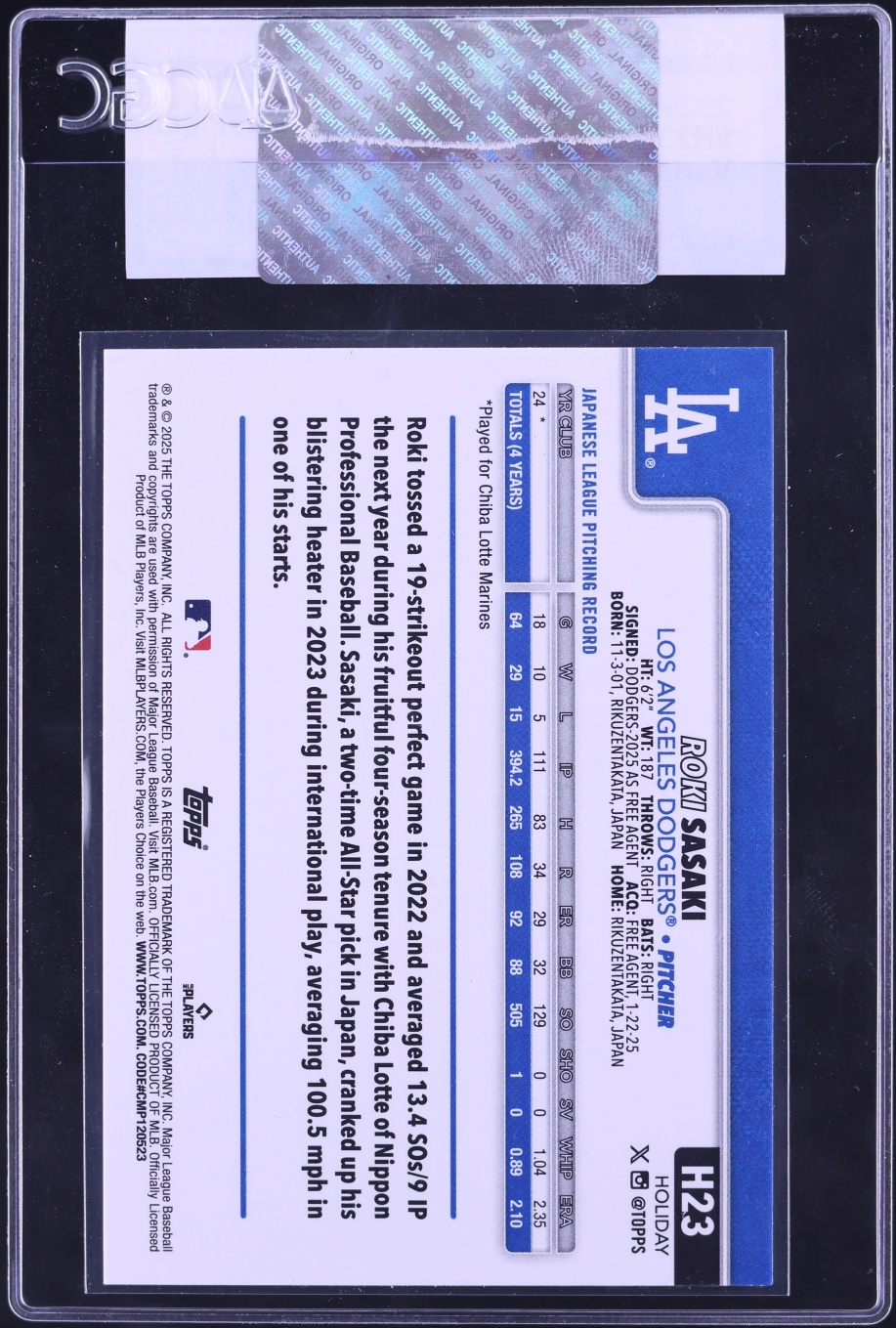 2025 Topps Holiday Variation Roki Sasaki ROOKIE #H23 CGC AUTH